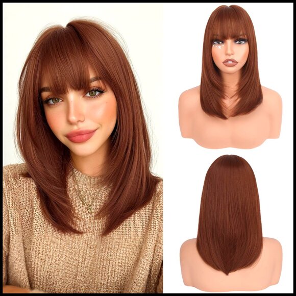 Straight Synthetic Bob Wig with Bangs Heat Resistant Daily Party Wear